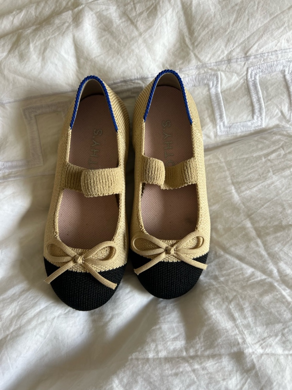 Rothy's Girls Beige and Black Mary Jane Flats with Blue Trim